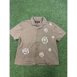 Rustic Souls Mens Small Olive Green Embroidered Dandelion Camp Collar Shirt S